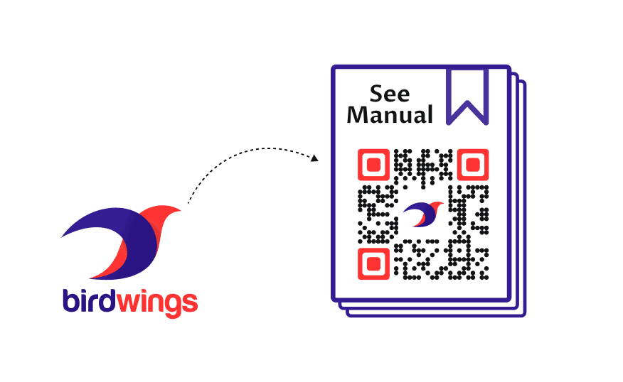 Frame design with 'See Manual' text and Birdwing's logo showcasing branded integration with colors, fonts, and logo.
