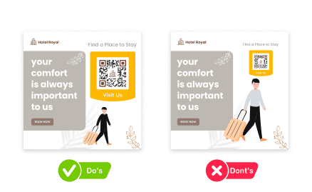Comparison of posters showing larger QR codes with proportional frames improves visibility and draws attention.