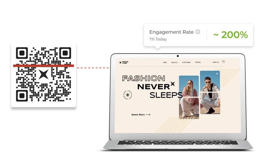QR Code in retail with a company's logo, linking to the website and showing a 200% engagement rate, boosting online traffic.