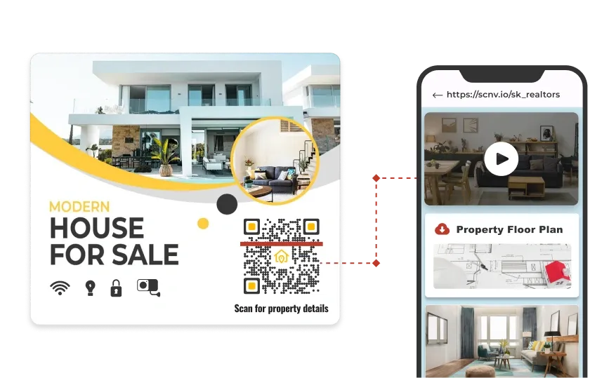 QR Code for real estate on a flyer titled 'Modern House for Sale,' directing to a custom landing page with property info.