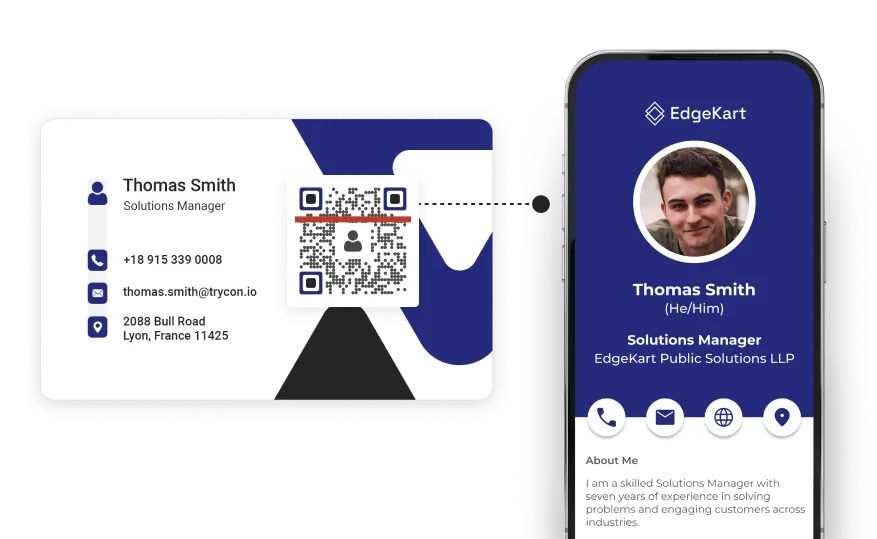 QR code for business card on a physical card links to a detailed digital business card, for easy networking & contact sharing