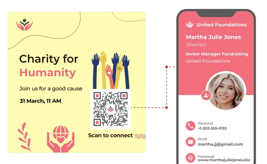 QR Code for nonprofit organizations on a charity poster links to the organizer's digital business card, simplifying contact.