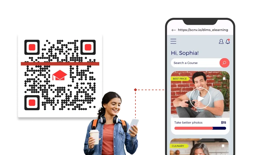 QR Code in education leads a student to a personalized interface with a pre-recorded lecture, enabling self-paced learning.