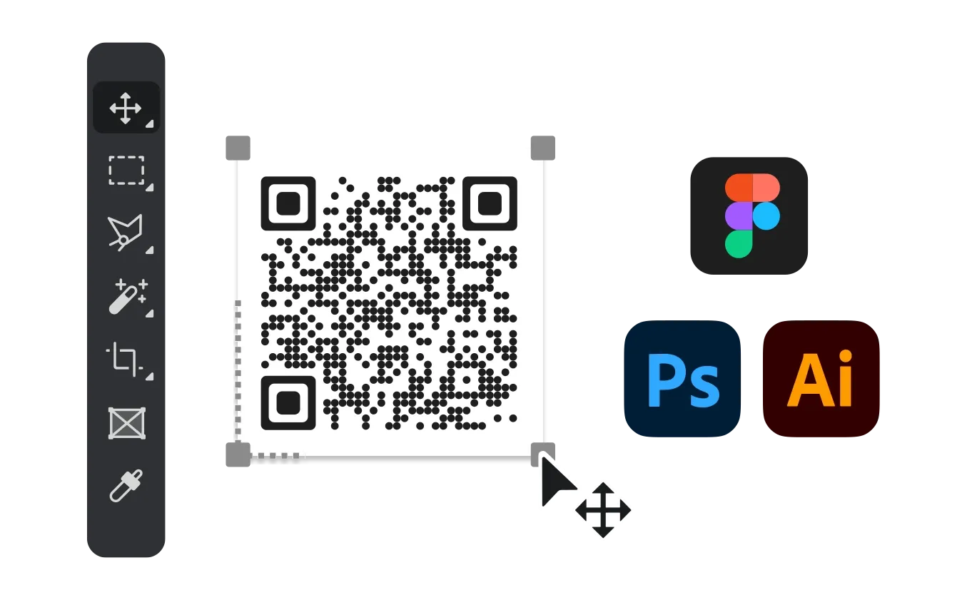 QR Code being edited in popular editing software like Adobe Illustrator, Sketch 3, and Figma