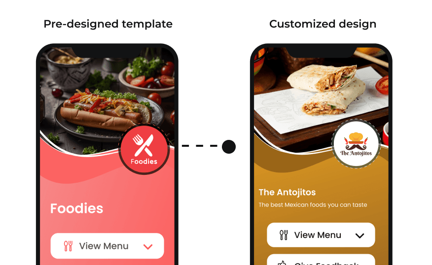 Smartphone screen showing a custom QR code menu page for a restaurant with editable images, videos, and interactive buttons.