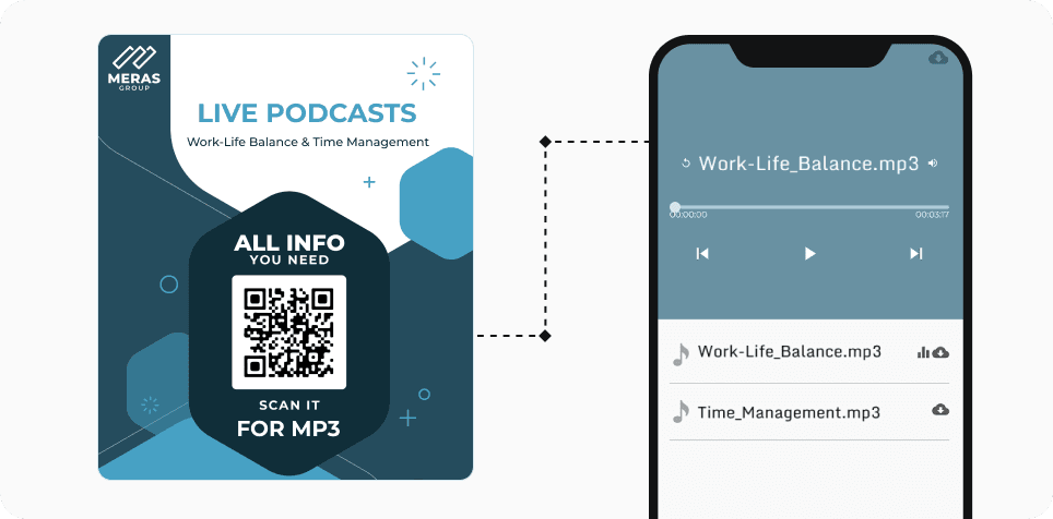 Professional scanning a customized Audio QR to access podcast series