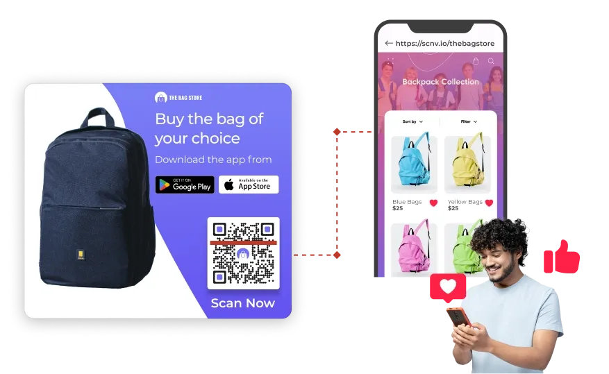 Retail QR Code on a poster boosts app downloads, with a man exploring bags on the app after scanning for increased engagement