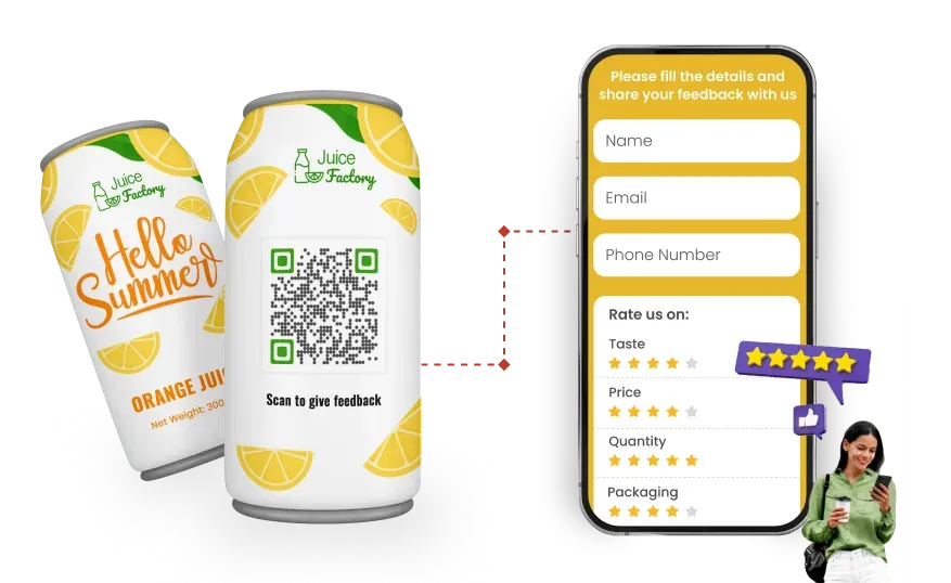 Orange juice can with QR code for FMCG, scanned to give feedback and improve consumer experience with reviews and ratings.
