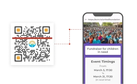 Custom QR Code for nonprofit organizations directing to fundraiser’s landing page with event details, timings, map, and more.