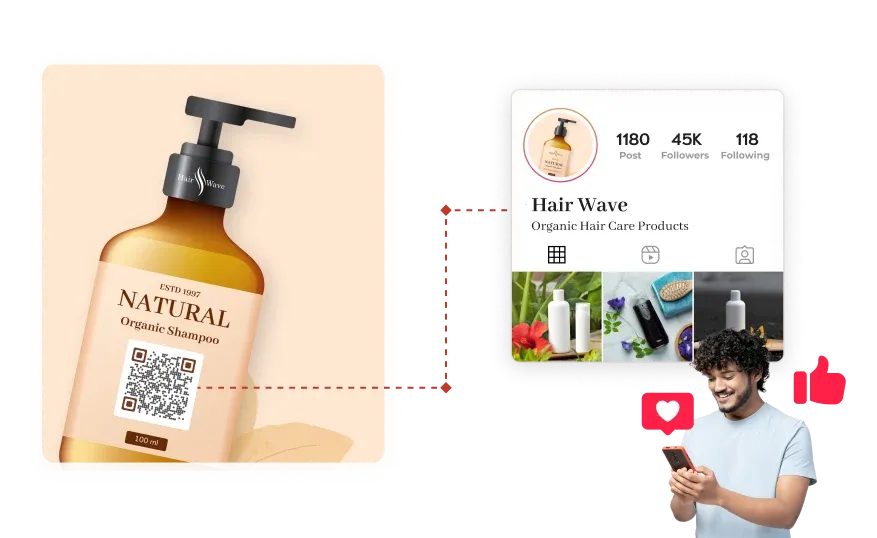 Organic shampoo bottle with QR code for consumer goods linking to Instagram to engage consumers and boost brand presence.