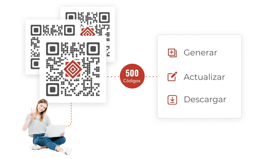 Imagen que muestra a un usuario generando, actualizando y descargando códigos QR dinámicos en lotes.