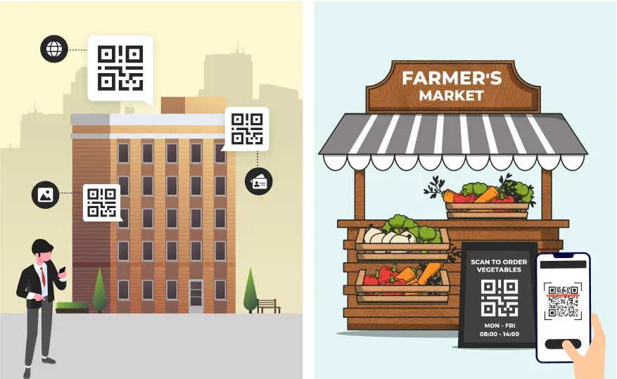 A Person at a large firm and a small farming business both using QR codes, demonstrating scalable QR codes for consumer goods.