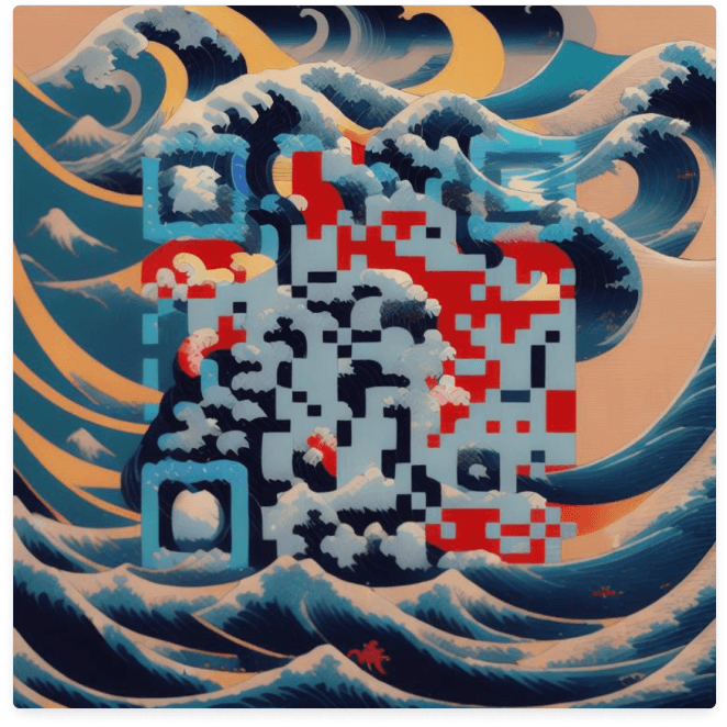 La icónica "La gran ola de Kanagawa" de Katsushika Hokusai reinventada en un estilo de arte digital moderno, con vibrantes colores neón, detalles pixelados y una atmósfera inspirada en el cyberpunk