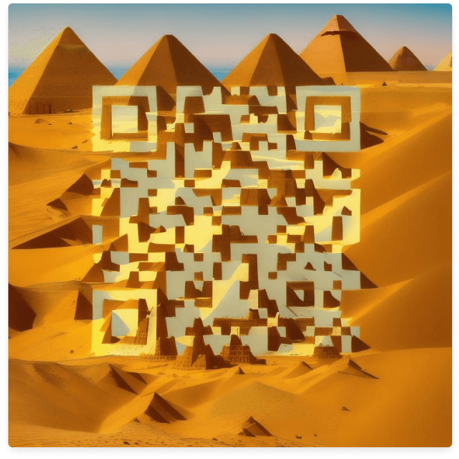 Example of AI-generated QR with sand dunes, pyramids in the background, and bright noon colors for eye-catching visuals.