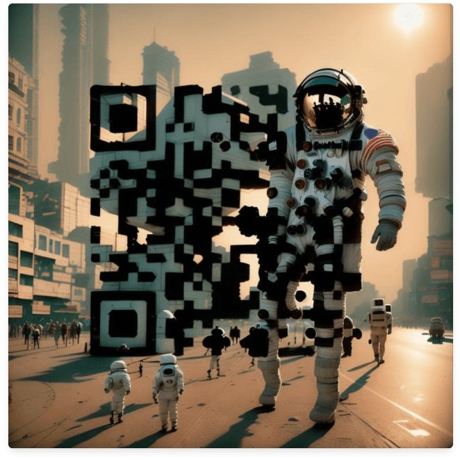 An AI-based QR with an astronaut in a space suit walking on busy streets, golden light illuminating the scene.