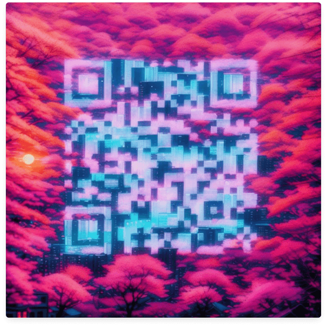 AI QR Code feature of Scanova showcased against a Studio Ghibli-inspired anime cityscape at sunset with cherry blossom trees.