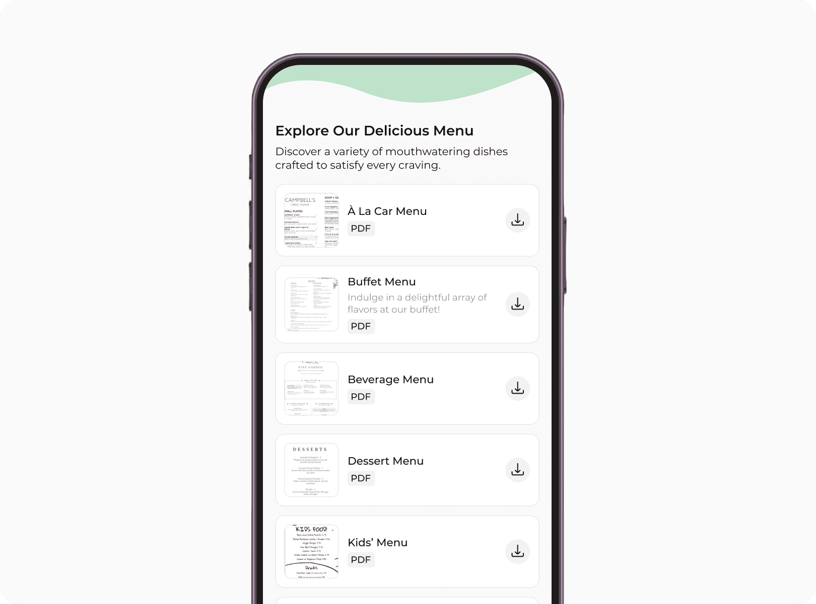 Mobile screen displaying restaurant menu by scanning document QR code allowing for different formats of documents.