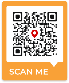 Example of an attractive orange 'Scan Me' QR Code frame template for a Google maps QR code generated by Scanova.