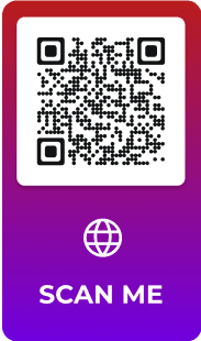 Example of a QR code with a colorful ‘SCAN ME’ frame and globe icon on a vibrant purple frame.