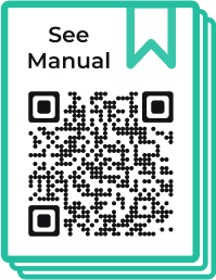 Example of a stylized QR code design with ‘See Manual’ text and book icon in a decorative frame made with Scanova.