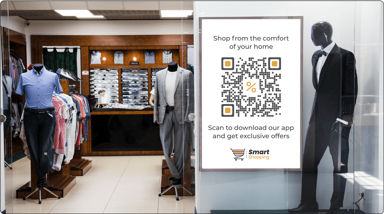 Banner de la tienda de ropa con un código QR para descargar la aplicación, mejorando la accesibilidad.