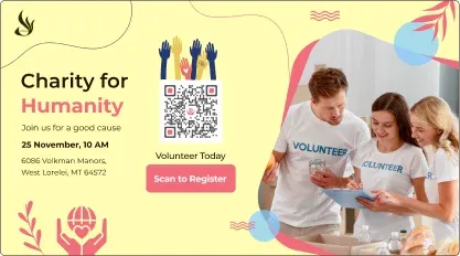 Charity For Humanity event poster with happy volunteers and a QR code for volunteer registration with the NGO.