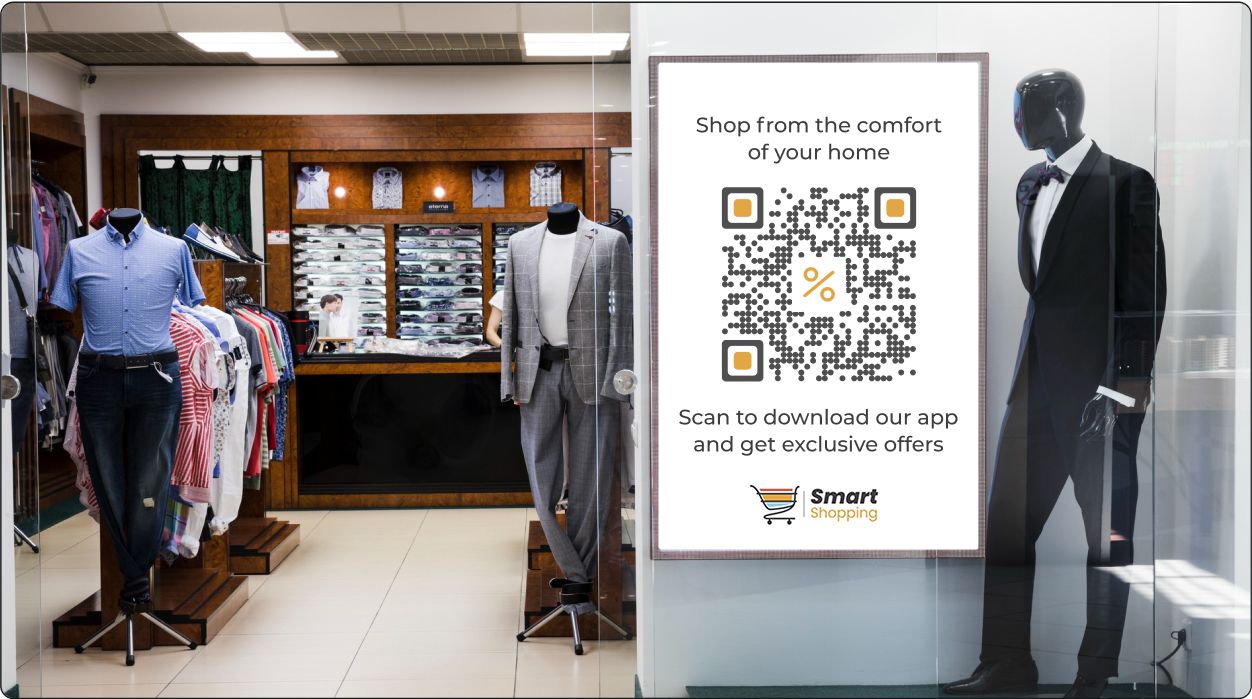 Clothing store banner with a QR code for downloading the app, enhancing accessibility.