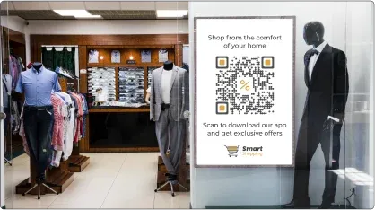 Clothing store banner with a QR code for downloading the app, enhancing accessibility.