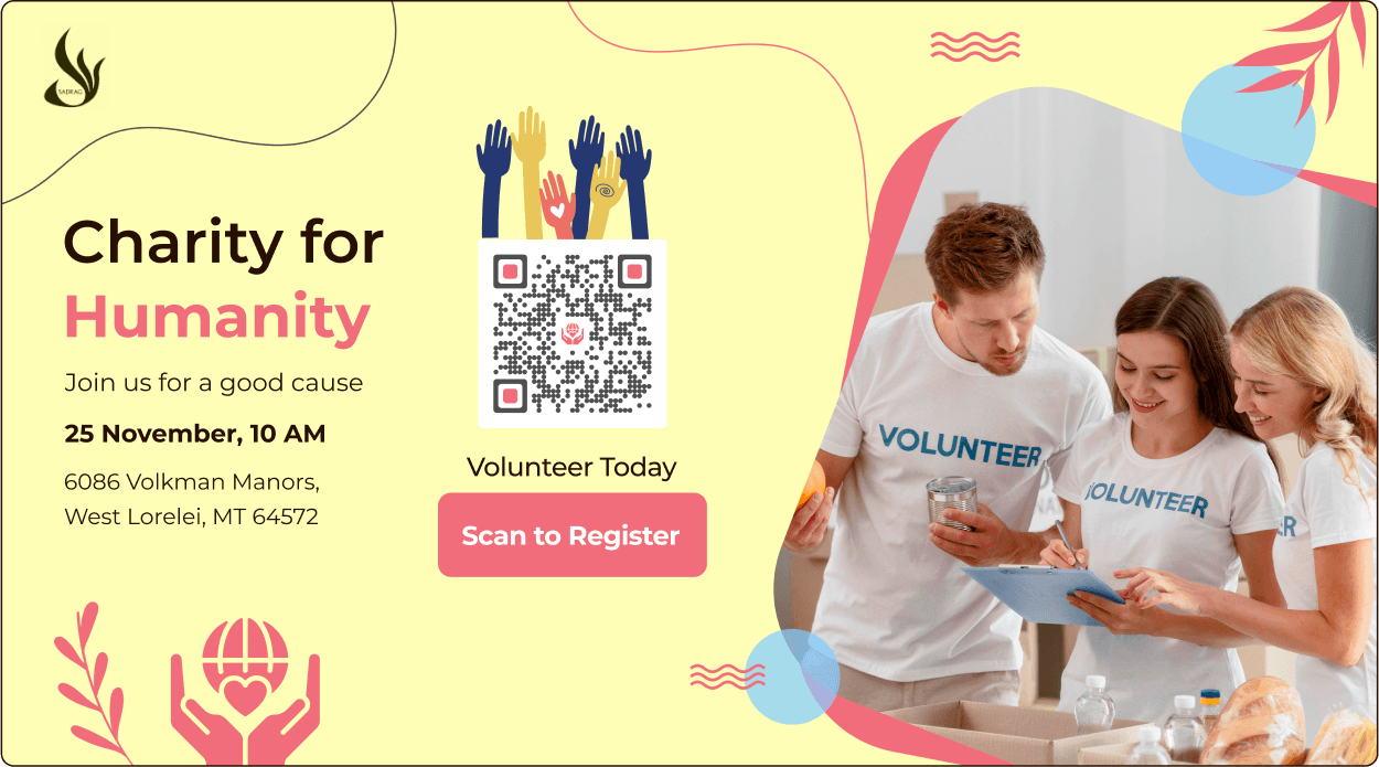 Charity For Humanity event poster with happy volunteers and a QR code for volunteer registration with the NGO.