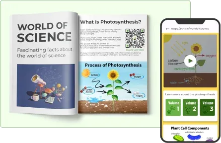 A science book links to a photosynthesis video, offering students quick and interactive resources via a QR code solution.