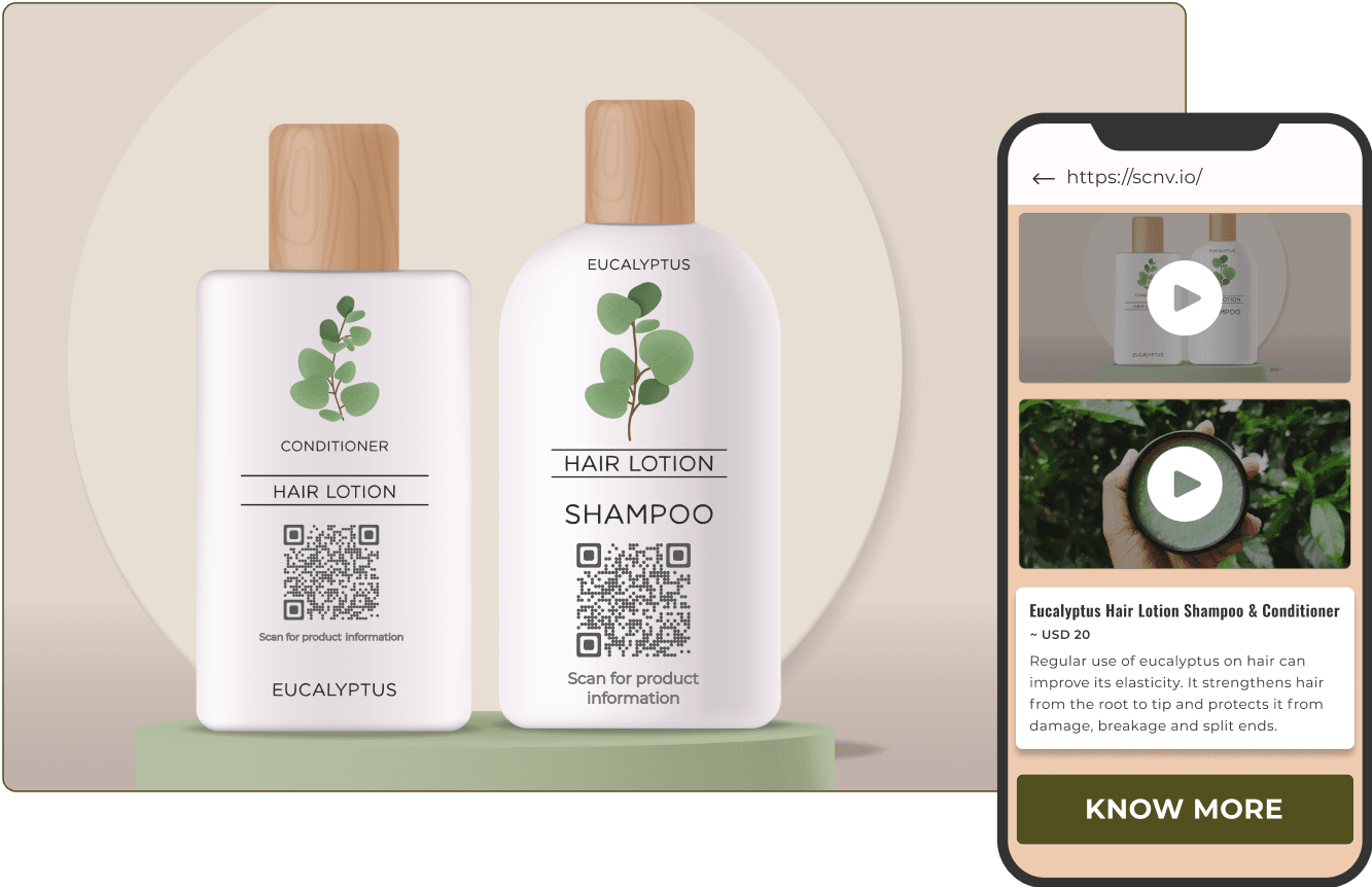 Shampoo and conditioner bottles with QR codes, showcasing QR code solutions for detailed product information.