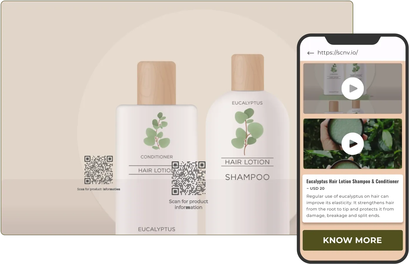 Shampoo and conditioner bottles with QR codes, showcasing QR code solutions for detailed product information.