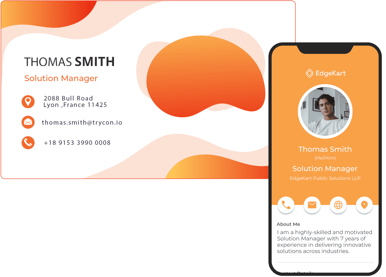 Business card of Thomas Smith with a QR code linking to a digital business card for seamless networking.