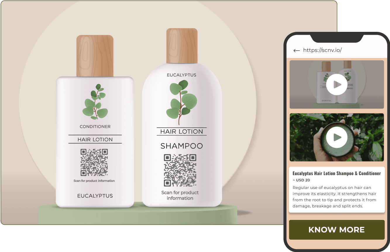 Shampoo and conditioner bottles with QR codes, showcasing QR code solutions for detailed product information.