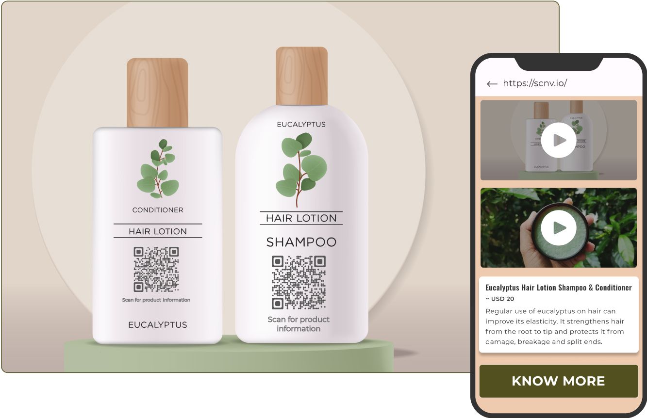 Botellas de champú y acondicionador con códigos QR, mostrando soluciones de código QR para información detallada del producto.