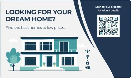 Real estate promotion poster featuring a house and QR code for accessing property details and location.