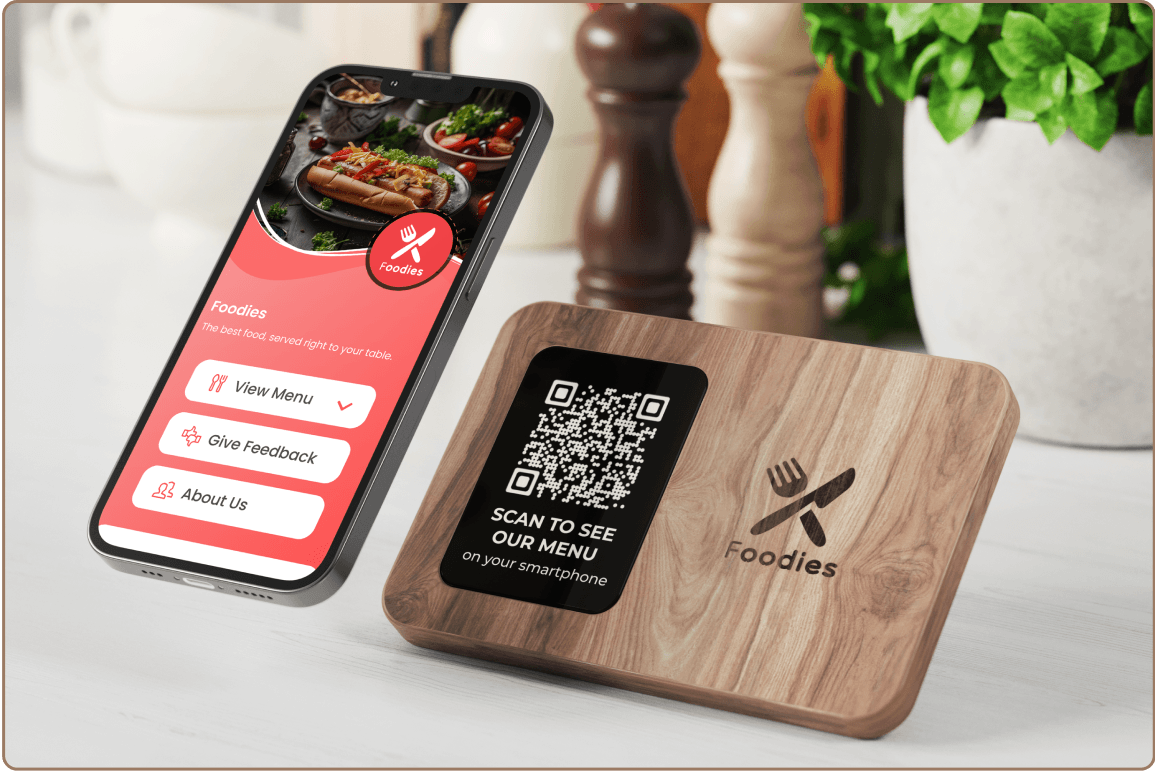 A device scanning a QR code at a restaurant to access menu, feedback, and options.