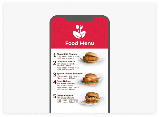 Screen displaying food menu.