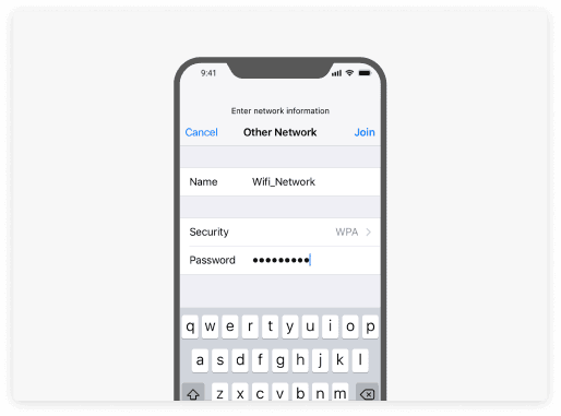 Screen displaying network name and field to enter Wi-Fi password.