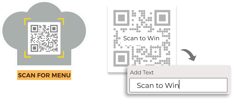 QR code in restaurant menu frame showing options to customize with brand colors, patterns, logo, images, frames, and more.