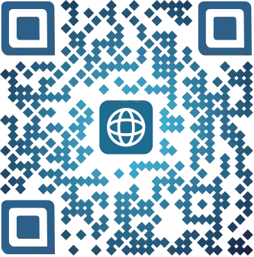 Blue QR code with a website logo in the center, illustrating use of custom QR codes for better branding.