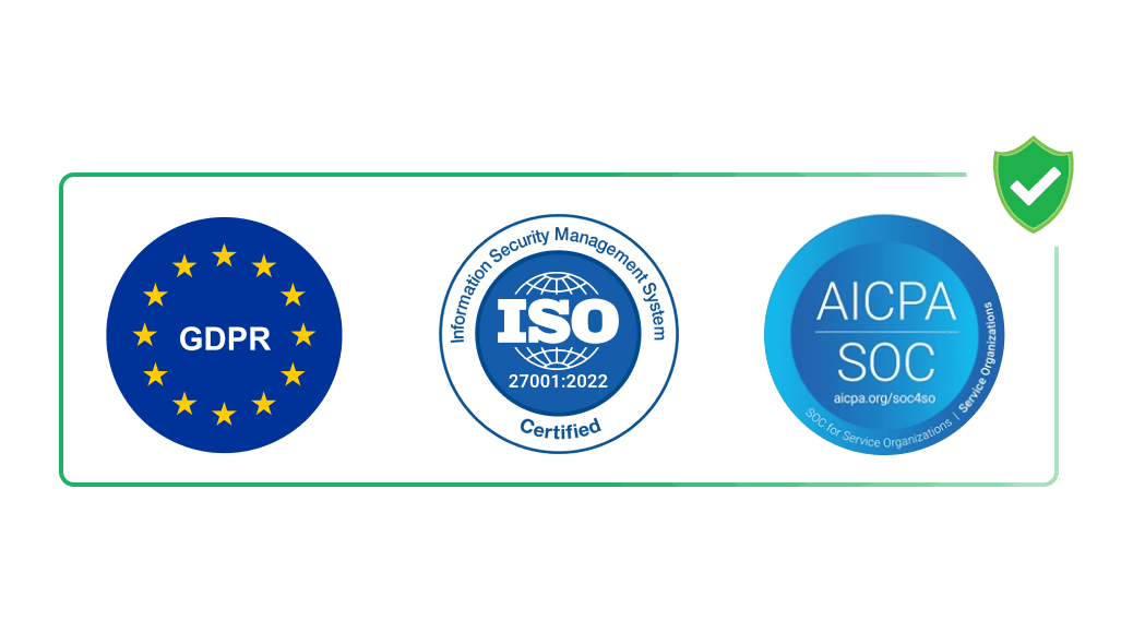 Badges for GDPR, ICO, SOC2 showing our top data security standards with ISO 27001:2013, GDPR, and SOC2 compliance.