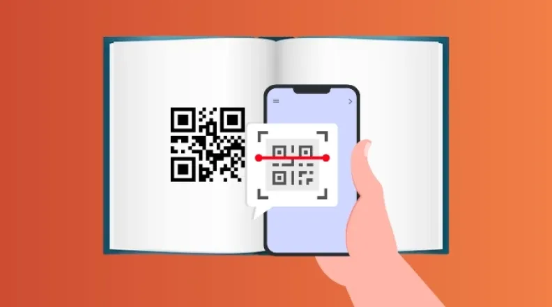 Student scanning Scanova's QR Code printed on a textbook.