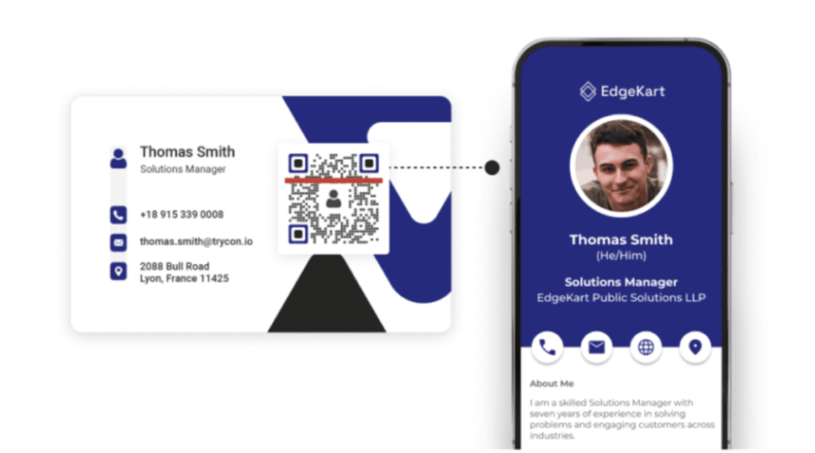 Una persona escanea una tarjeta de presentación física, abriendo la tarjeta de visita digital de Michal Johns con el generador de código QR de ScanOva.