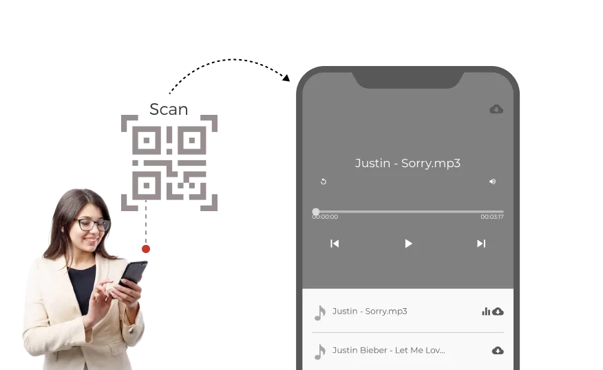 Woman scanning an QR Code and being able to play an audio file without downloading it. 