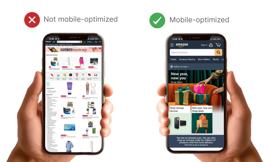 Two screens comparing landing pages: one not mobile-optimized and one mobile-optimized for better experience & understanding.