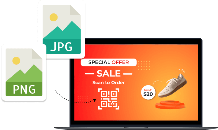 Laptop displaying shoes on sale for USD 20 with a scan-to-order QR, highlighting export QR code in JPEG and PNG formats.