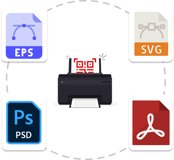A printer producing Vector QR code, surrounded by vector formats like SVG, EPS, PS, and PDF, ideal for designers & printers