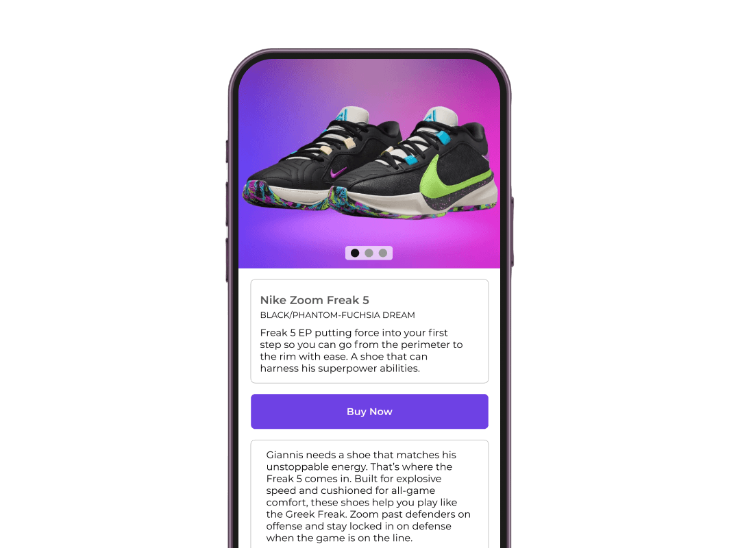 Mobile screen showing QR landing page of Nike shoes with 'Buy Now' option; scan product QR for immersive shopping experience.