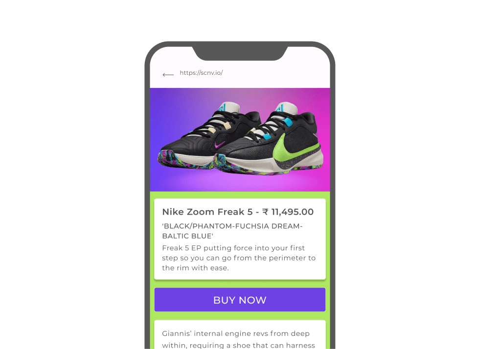 Mobile screen showing QR landing page of Nike shoes with 'Buy Now' option; scan product QR for immersive shopping experience.